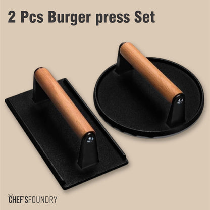 Premium Cast Iron Burger Press - 7" Round & 8.2"x4.3" Rectangular Shapes