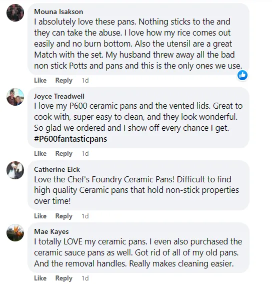 Facebook comments from four P600 customers
