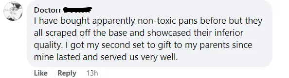 Facebook comments about the durability of the P600 pans