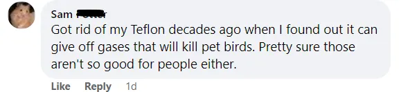 A Facebook comment about Teflon fumes