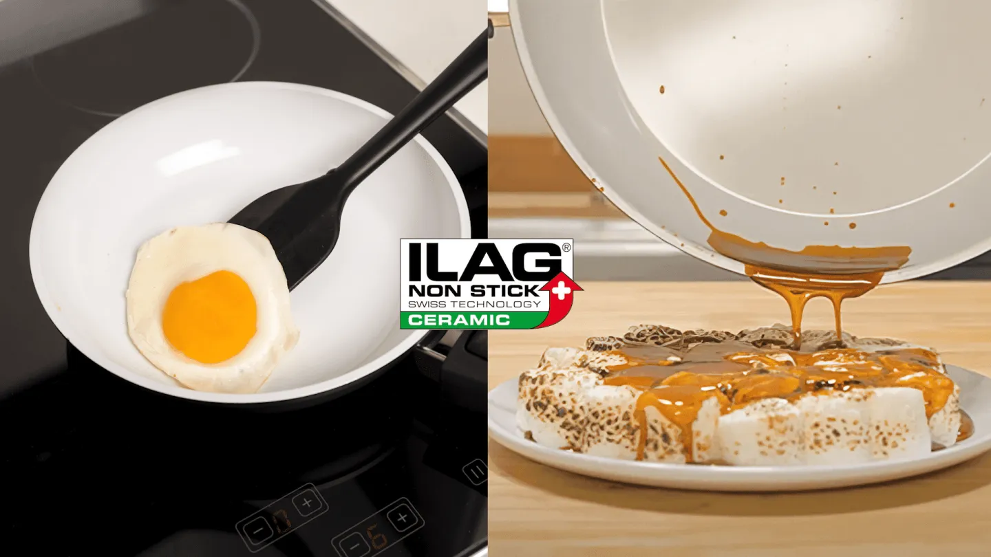 An egg frying and caramel pouring out of a P600 pan without sticking