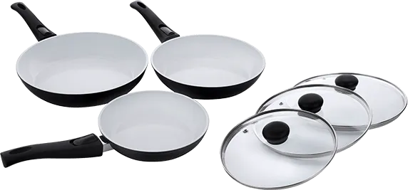 The three P600 frying pans with their glass lids