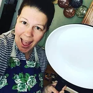 Becky Williams holding a P600 pan