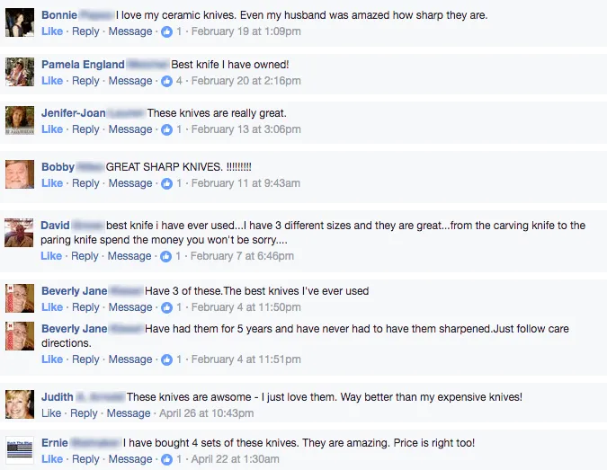 Facebook comments from customers about the P600 knives