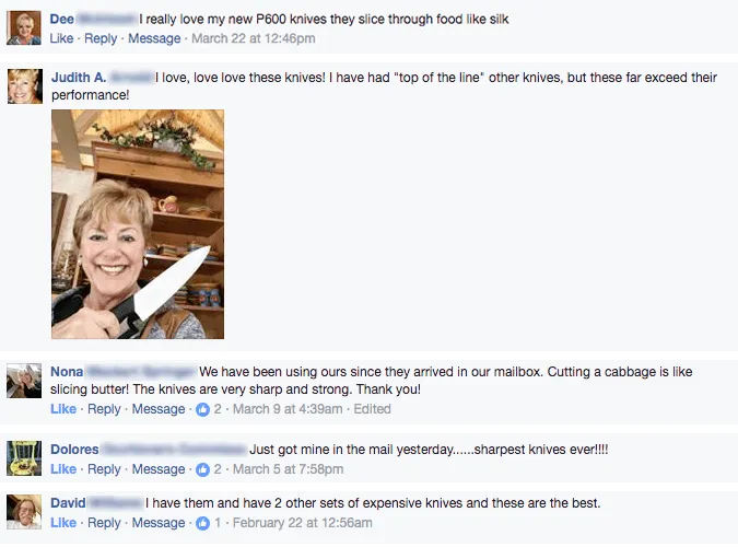 Facebook comments from customers about the P600 knives