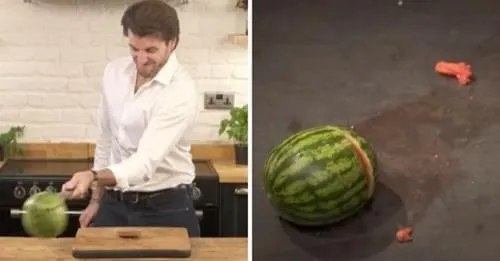 A regular knife smashes the watermelon onto the floor