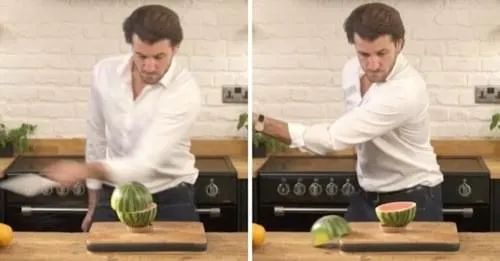 The P600 slices the watermelon and leaves the bottom half in place